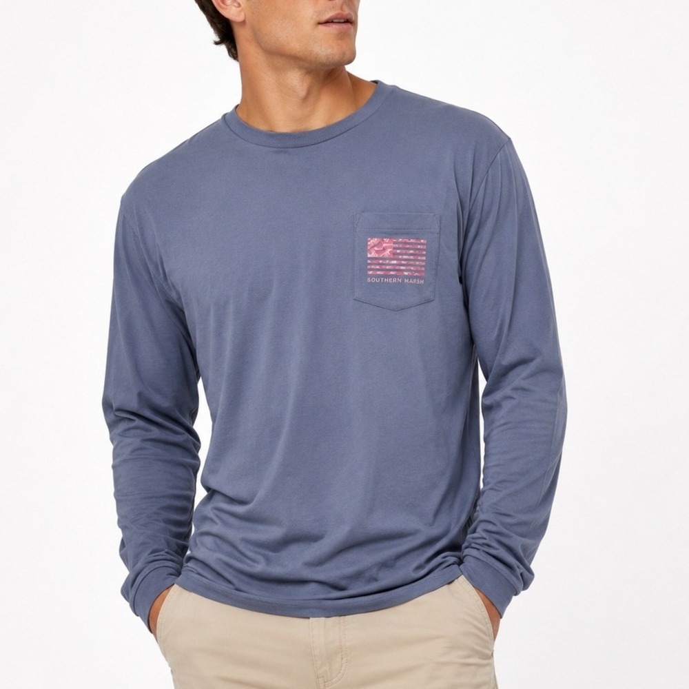 Vineyard Vines Mens Small Blue Pink Camo Flag Long Sleeve Pocket T-Shirt Small